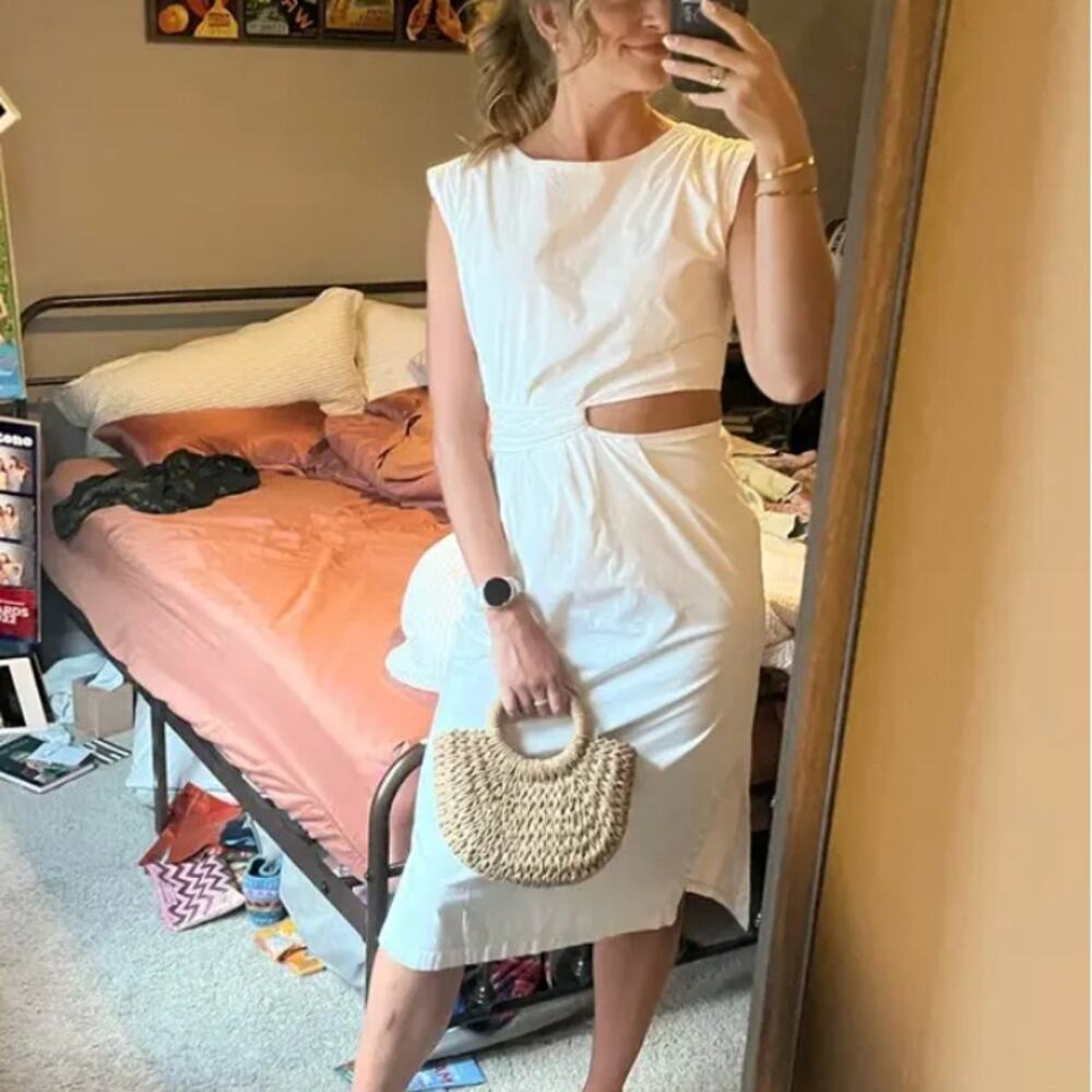 Love, Whit by Whitney Port White Midi Sheath Dress LARGE Cut Out Designer $360